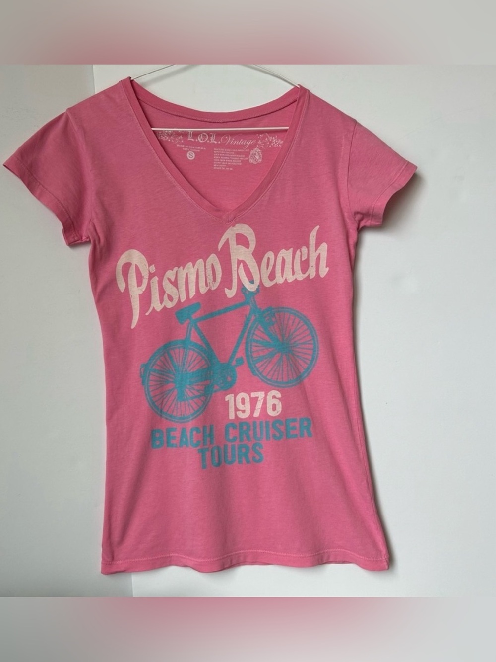 💥L.O.L. Vintage Pink and Teal Pismo Beach Bike Cruised V-Neck T-Shirt Size S